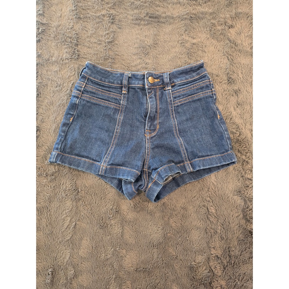 Lottie Moss Dark Wash High Waisted Denim Shorts Size 24 Retro Seamed Cuffed Blue
